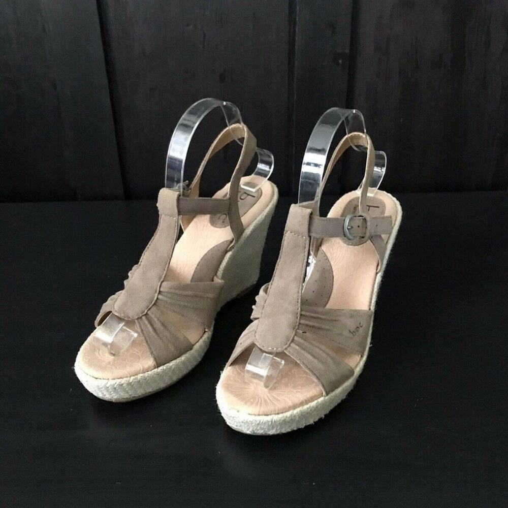 B.O.C. Born Concept Wedge Espadrille Brown Leather Tweed Strappy Sandals Size 8